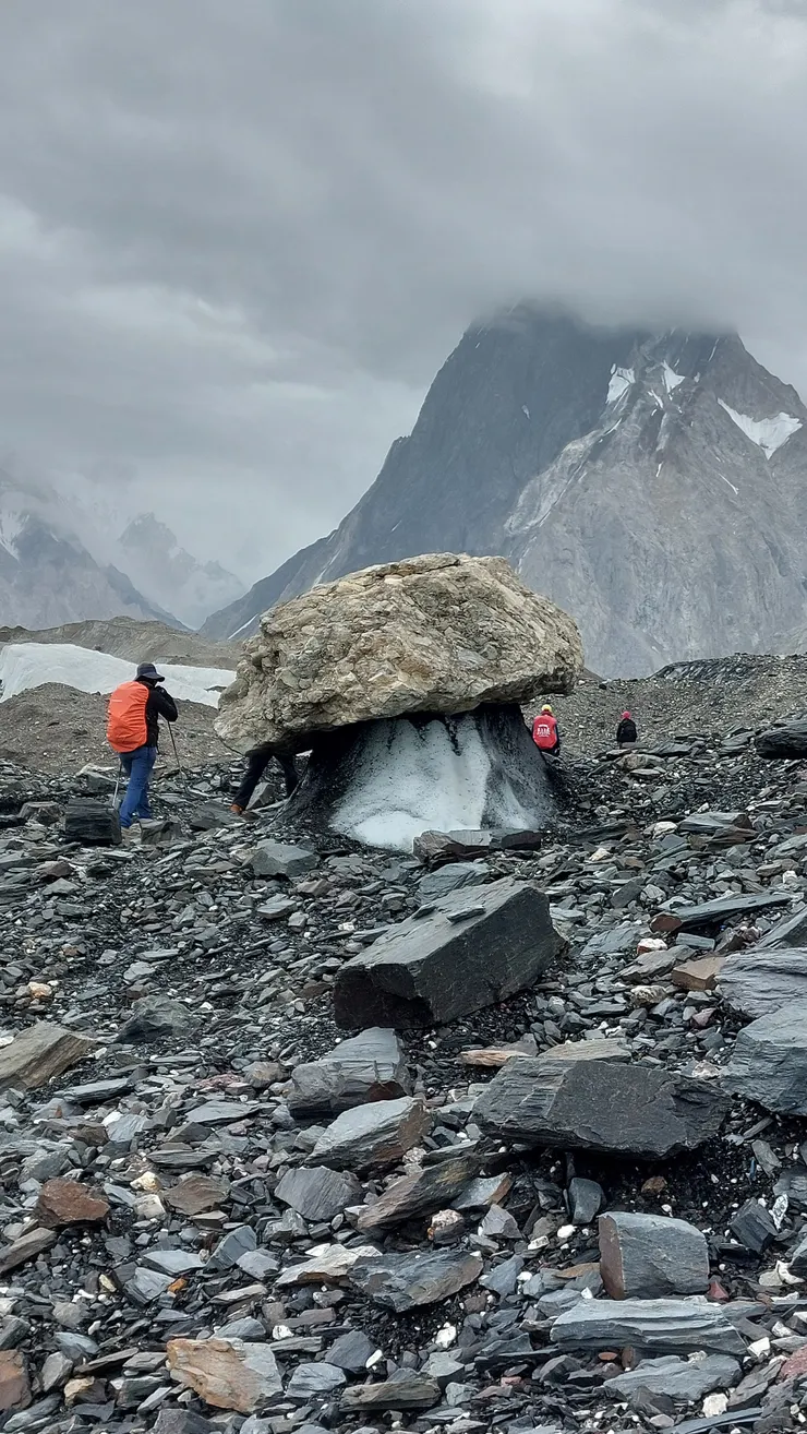 很卡通的蘑菇岩，一顆顆超大蘑菇散佈在冰河上，讓苦行增添了些趣味。