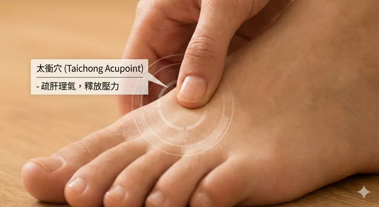太衝穴:第一二腳趾骨交接的凹陷處