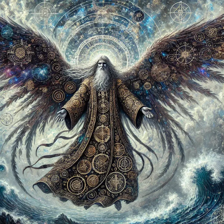 他是一位混亂之天使,擁有神秘且充滿秩序與混亂平衡的力量。畫面展現出他身穿刻有神秘符文的黑色長袍,擁有巨大的以太翅膀