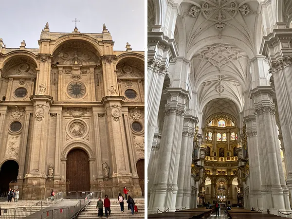 格拉納達主座教堂的外部和內部，整個內部的色調以金色和白色為主，有置身古典神殿的錯覺