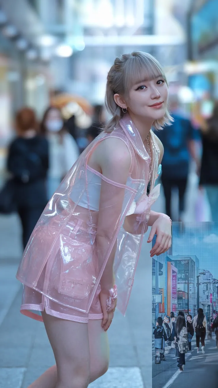 A hyper-realistic photo of a half-Japanese-USA girl with undercut hair and bangs. She is wearing a transparent pink, oversized suit cover top tank, shorts, and sports shoes. The girl is leaning against a holographic hologram of the Harajuku district. There are blurred people walking in the background. The girl has a light smile and a charming gaze. The photo has a professional pose and a positive emotion. The background is blurred. The photo is taken with HDR.