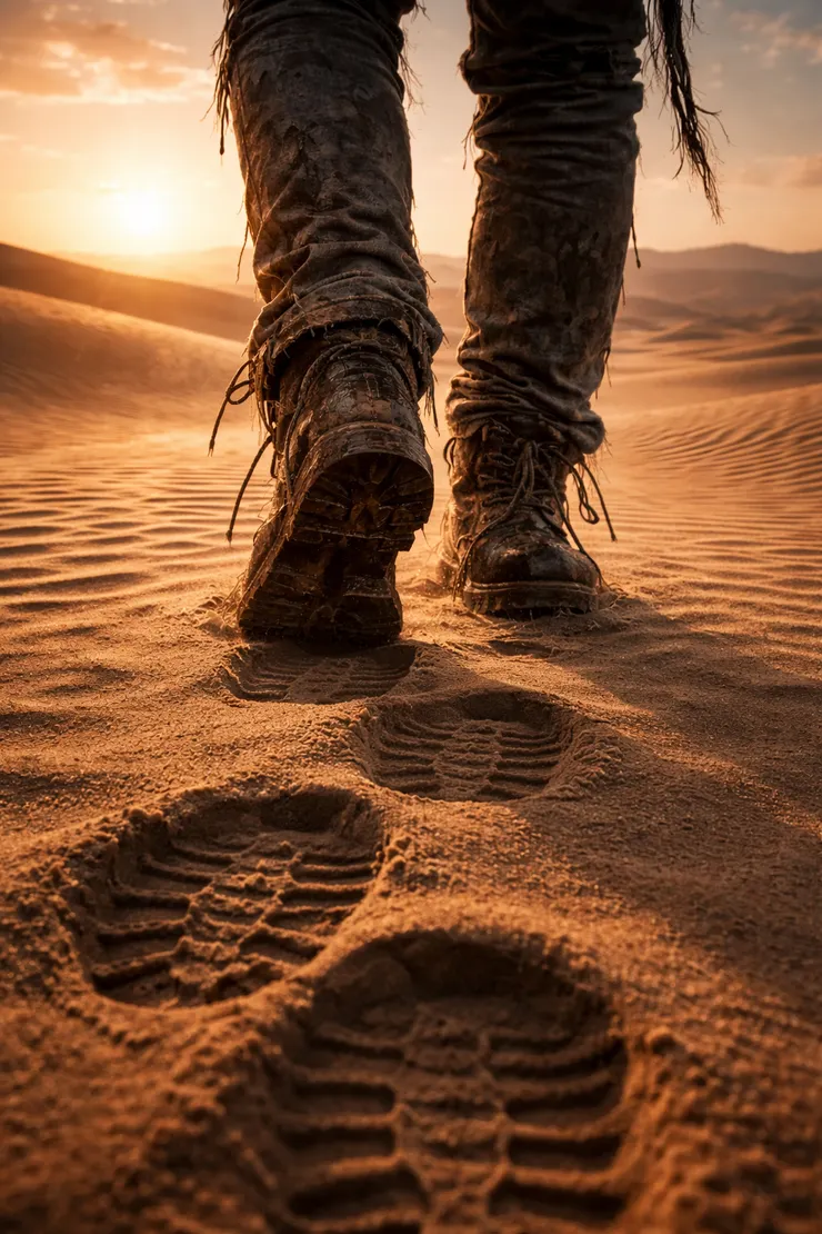 破舊靴子在沙漠留下腳印