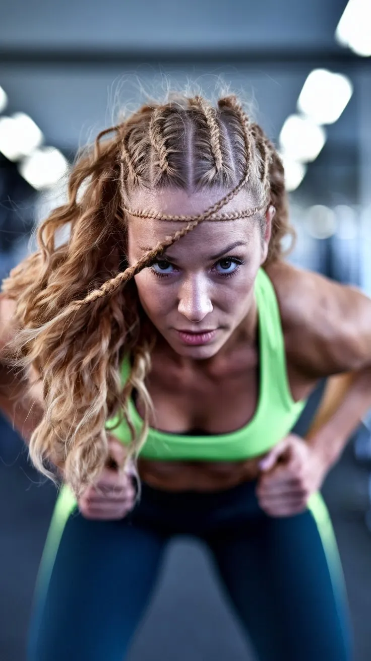 A woman with curly, light brown hair is facing forward, with a determined expression.