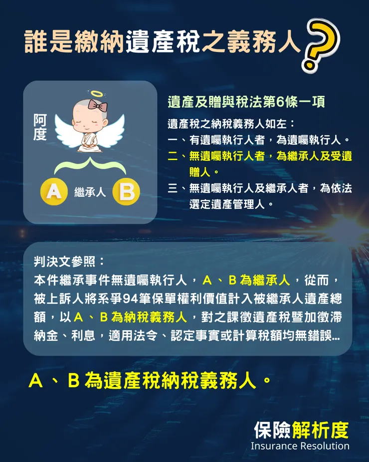 Ａ、Ｂ為遺產稅納稅義務人。判決文參照： 本件繼承事件無遺囑執行人，Ａ、Ｂ為繼承人，從而，被上訴人將系爭94筆保單權利價值計入被繼承人遺產總額，以Ａ、Ｂ為納稅義務人，對之課徵遺產稅暨加徵滯納金、利息，適用法令、認定事實或計算稅額均無錯誤...