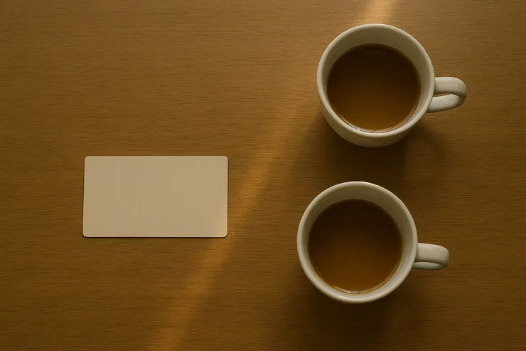 桌面只有兩只杯與一張空卡;窗光落成細帶,影子柔而不散。