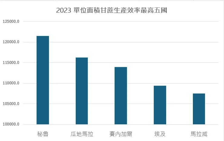 2023世界甘蔗生產效率最高五國。資料來源FAO