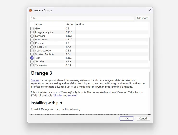 打開 Orange >  "Options" >  "Add-ons..."  >  勾選 "Text"  >  "OK" >  重啟 Orange