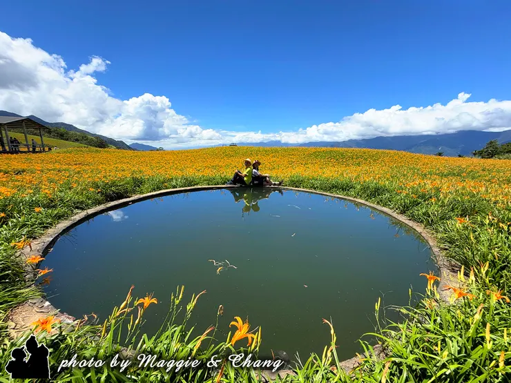 其中最喜歡的一幕，就是坐在水池邊，藍天白雲與花海倒映在水面，彷彿把浪漫凝結成永恆。