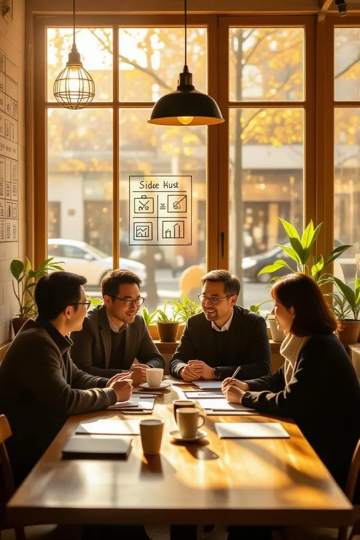 台灣中年上班族在咖啡廳討論副業比較表,象徵多一層安全感與選擇