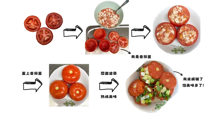 這次蒸的時間大約10分鐘,因過久而使番茄過軟、形狀較塌陷,因此食譜縮短蒸煮時間呦!