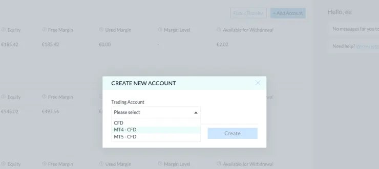 Create account at markets.com