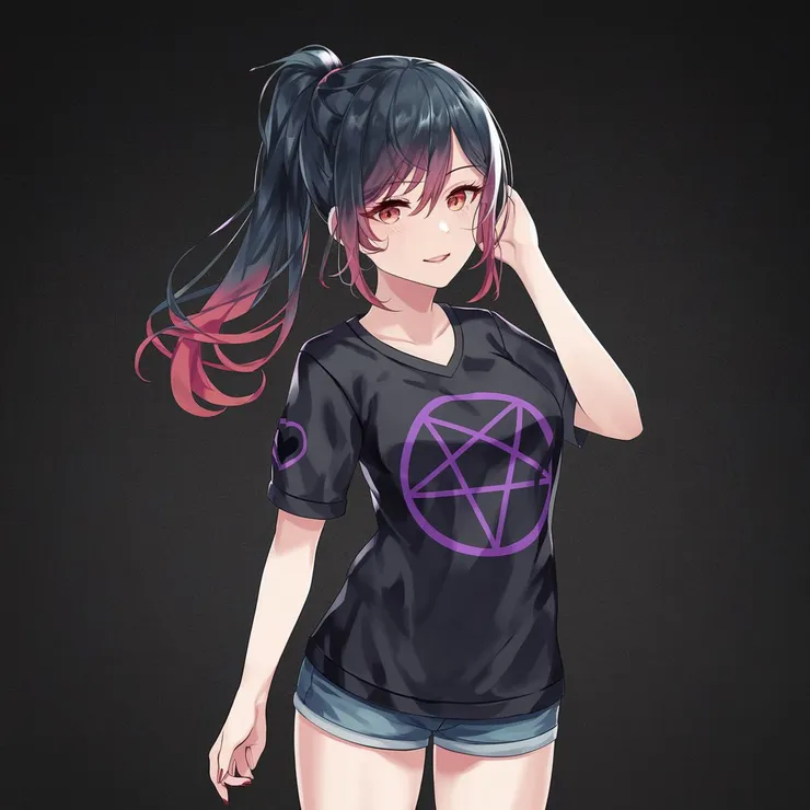 Una chica de pelo negro en coleta con las puntas rojas una camisa negra con una estrella satánica morada. Un chort negro. Unas botas converse que lleguen asta las rodillas Estilo anime de cuerpo completo