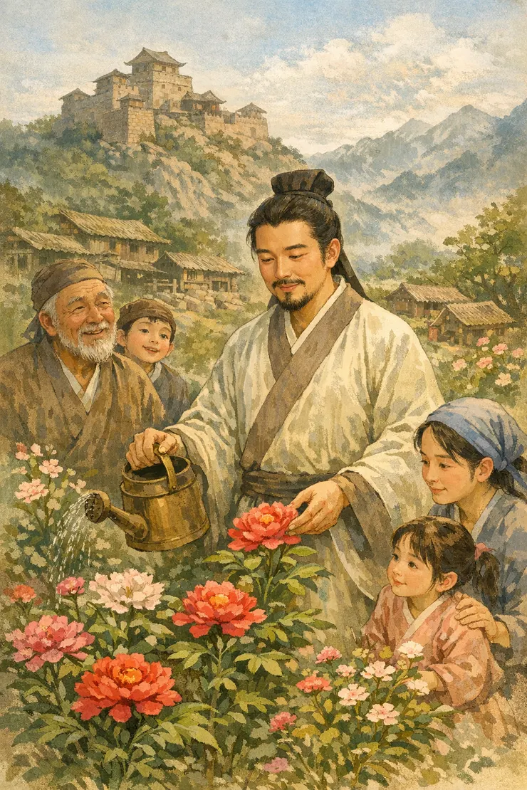 蜀後主劉禪帶領山寨百姓蒔花藝草，將貧困的山寨打造成樂園。ChatGpt繪圖示意