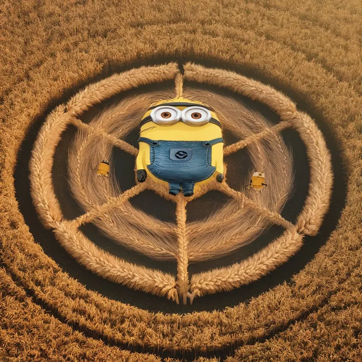 image features a crop circle in a mature wheat field, with a vibrant yellow coloration indicating its full ripeness. At the center, there is a main circle shaped like a minion, created with flattened wheat. This central minion figure is surrounded by a hexagon, whose sides are connected to three external circles. Lines extend from the central circle to the edges of the hexagon, suggesting a structured and intentional design. The field, with its tall and golden stalks, has been carefully bent or flattened to form these intriguing shapes. Additionally, small animals, such as the Rambodijo cricket and the Pertussis minion, can be seen hopping within the design, providing a scale reference and highlighting the large dimensions of the crop circle. The image was captured from an aerial perspective by a drone, and the soft dawn lighting adds a serene touch to the scene, enhancing the details of the pattern and the natural beauty of the golden field, illustration, conceptual art