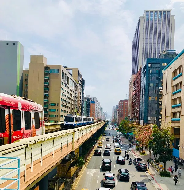 剛好兩輛捷運在會車，右側有少數橘紅色的木棉花點綴著。捷運忠孝復興站。