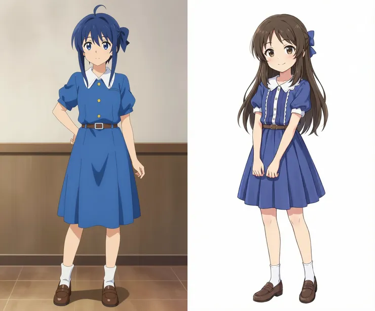 右邊是訓練資料中的愛麗絲，左邊是原生 Z-Image-Turbo 產生的圖片，Prompt：anime, zzArisuTachibana, blue hair bow, sidelocks, blue dress, pleated skirt, short sleeves, white collar, buttons, brown belt, white socks, brown loafers