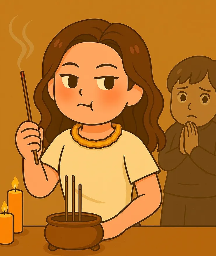 這張圖記錄了我幫人做祭改的場景。手裡拿著香，臉憋得通紅，一邊不停打嗝，一邊還要硬撐著繼續下去。旁邊的人全都一臉緊張，想著要把我換下來。現在回想起來，真的覺得好笑，原來我也曾經這麼逞強過，哈哈哈～