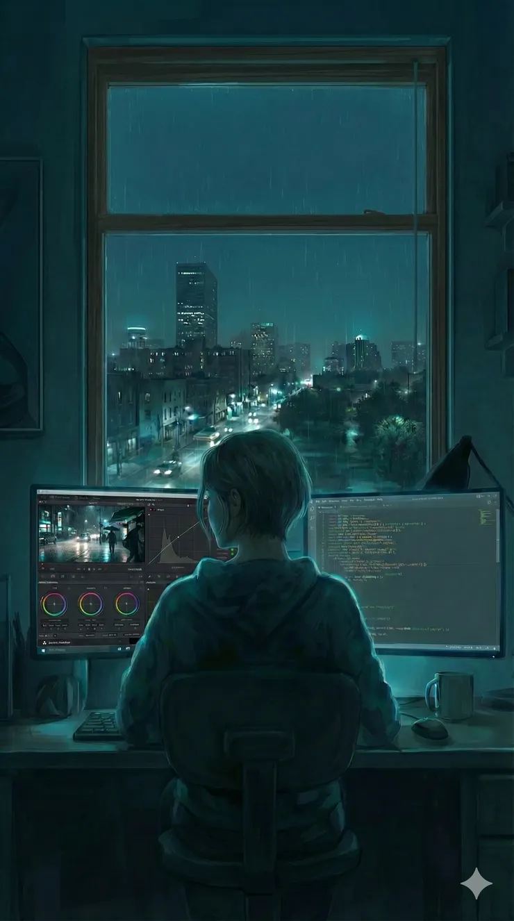 這張生成的圖片很符合我年底的樣子，左邊編輯著後期調光，右邊敲著Vibecoding.