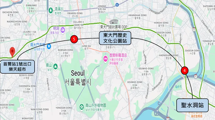 聖水洞站到首爾站1號出口樂天超市 source: google map