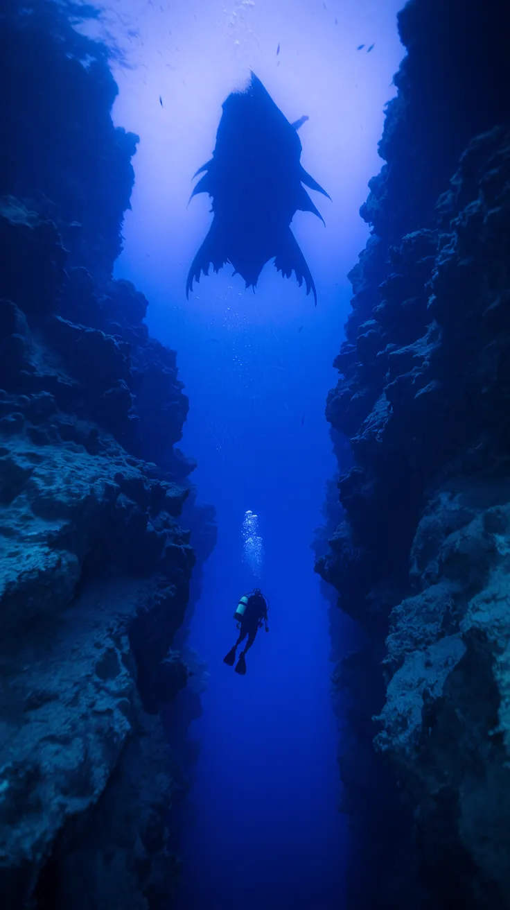 A photo of a scuba diver exploring a deep-sea trench in the ocean. The trench is dark and murky. The background contains the silhouette of a massive marine creature. The diver's equipment is visible. The overall image has a mysterious and dark ambiance.