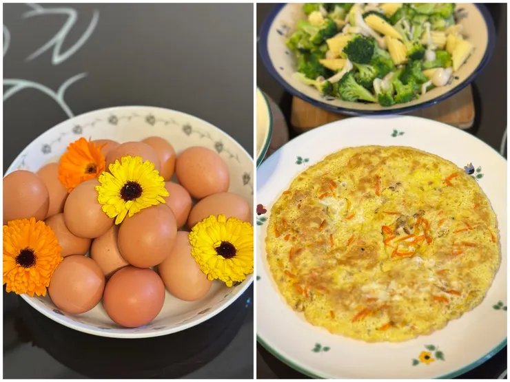 現撿的雞蛋配上金盞花，當天晚上立刻煎蛋來吃