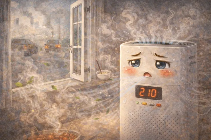 梁练伟家的空气净化器在窗户未关的情况下努力运转，感知多种气味混杂的室内空气，表情显得无奈却仍持续工作