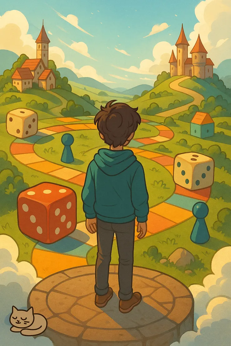 「你抽到哪張人生卡，就從哪一格開始走。」 有些人一出生就站在現金資產格，有些人則從負債與戰亂中出發。你以為這是不公平？不——這是你登入模擬器前自選的「難度卡」。極限挑戰的快感，才是這場遊戲的本質。