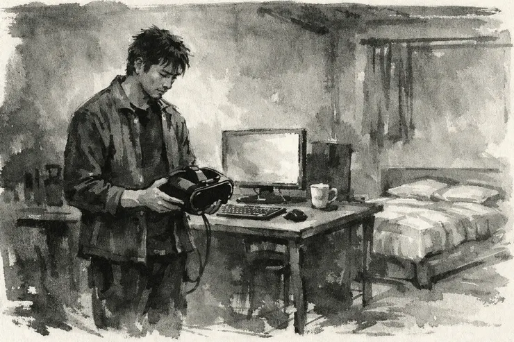 梁练伟摘下VR站在空房间