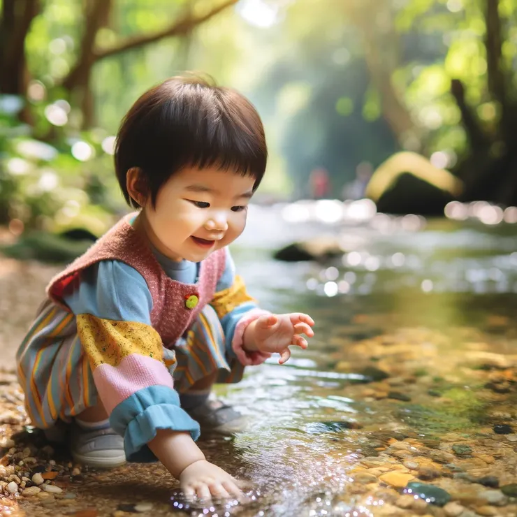 小孩在溪邊玩耍