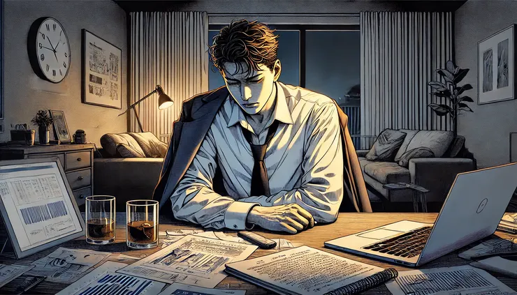 桌上有筆記本、冷掉的茶、一台筆電，畫面空氣中瀰漫著“這是我人生的最後一搏”