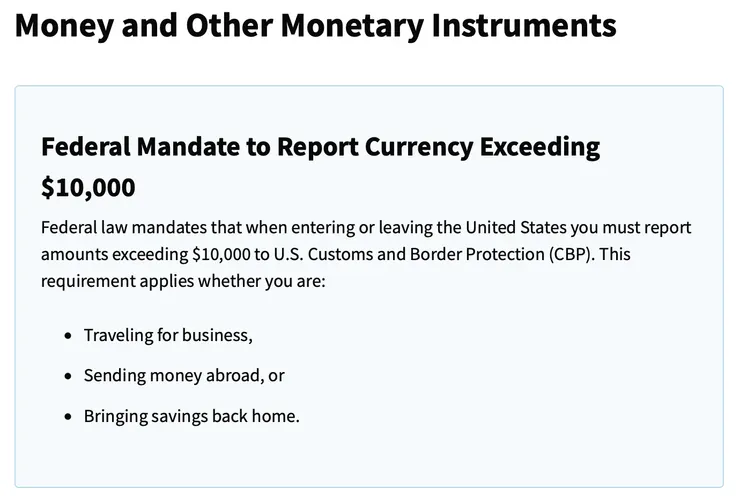 美國海關關於入境攜帶金額申報規定。