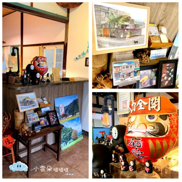 櫃台前許多公仔，還有販售明信片和愛玉DIY材料包