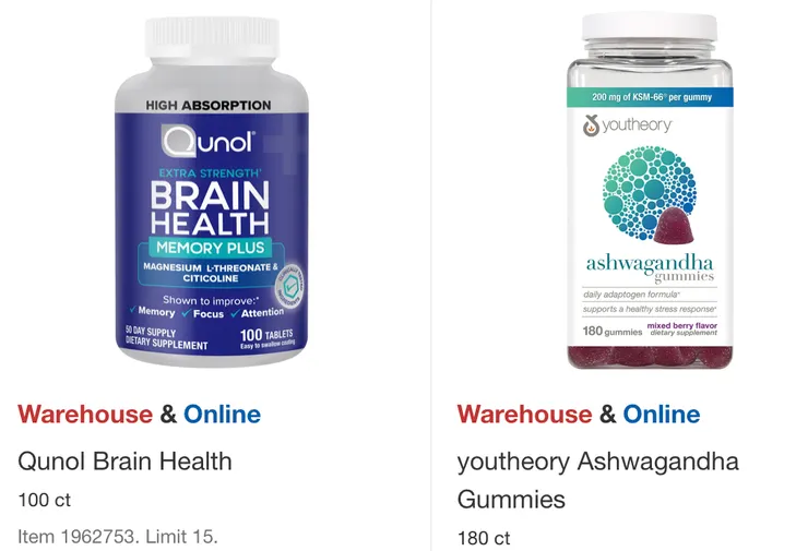 左起折扣後價格：腦部記憶加強錠 $42.99、加強神經系統補充劑 $28.99。