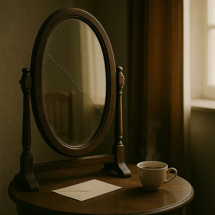 立鏡靠屏風,木框有細裂;茶霧在桌心輕起。