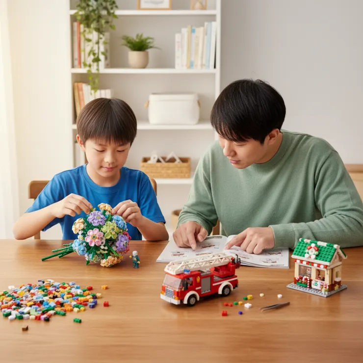 家長與小學生並肩坐在桌前，一起拼 LEGO 類積木與微型模型，專心又溫暖的親子共玩時光。