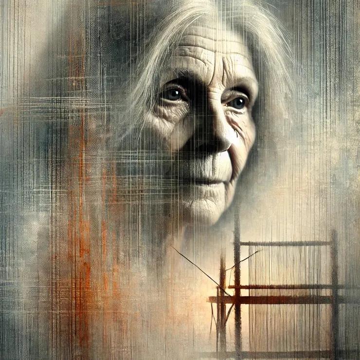 As she weaves, the bands of orange seem to breathe, opening windows into forgotten laughter and hidden expressions. Jane’s touch is gentle, coaxing out the shapes of memories that hide within the folds.