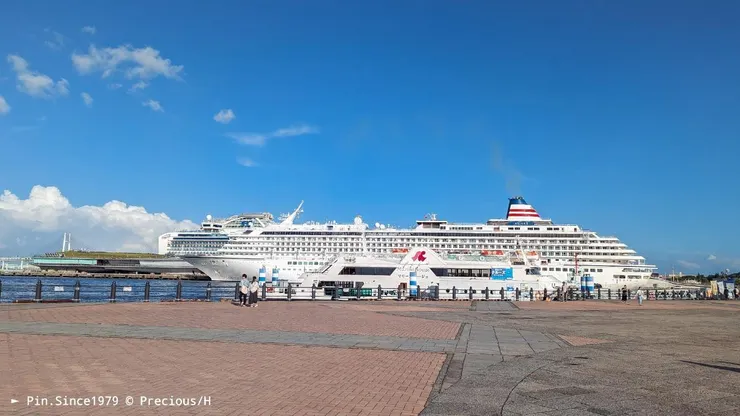 遊輪觀光：停泊港灣的郵輪非常巨大，不時播放樂聲。