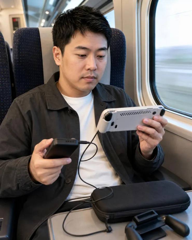 梁練偉測試掌機續航與外出遊玩情境的實拍畫面