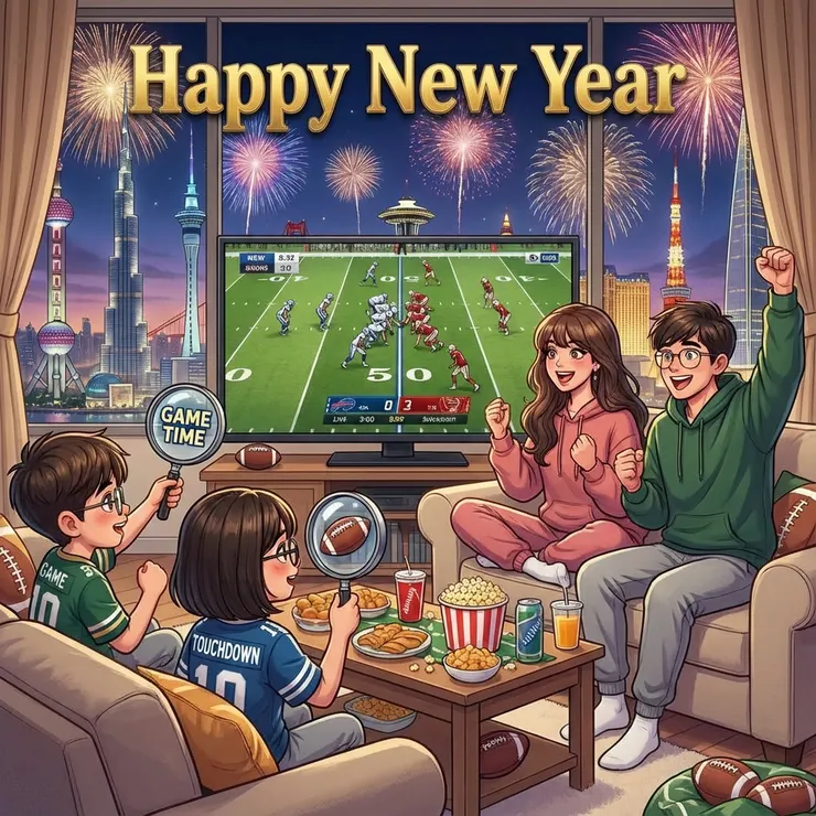 蚯蚓弟弟與朋友們在家中興奮地看球賽轉播，慶祝新年並準備為 2026 世足與 WBC 經典賽熱血應援。