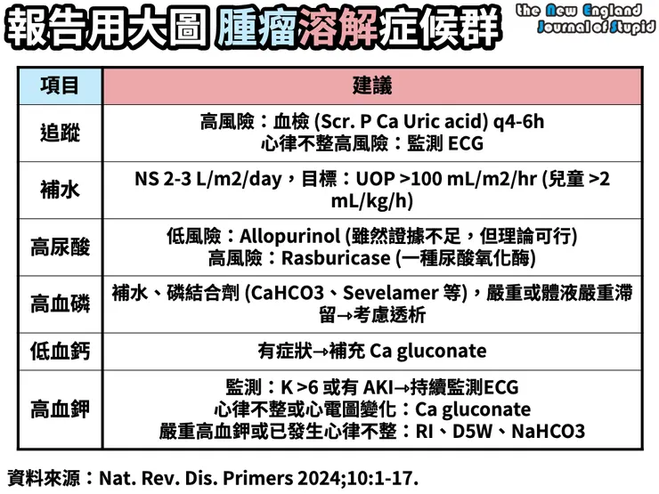 腫瘤溶解症候群的處理建議。