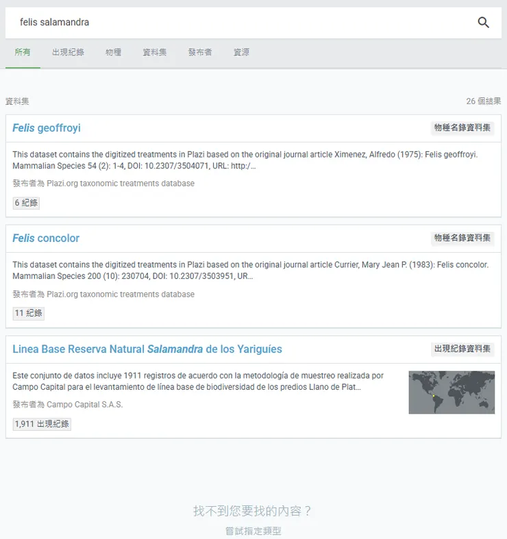 在 GBIF 輸入 felis salamandra 查詢，沒有相符資料