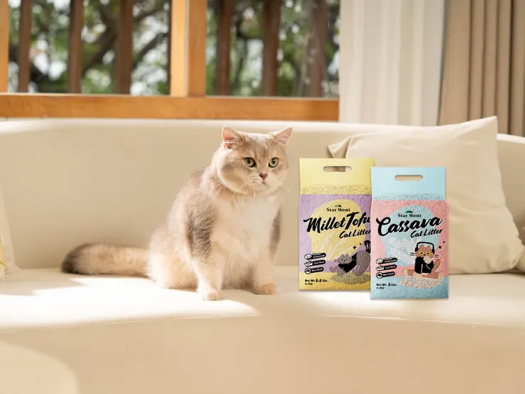 尾巴丘新品「星丘貓砂」雙系列，分別以木薯澱粉，以及小米與豆腐砂為原料，於南港貓展獨家開賣。（資料來源：尾巴丘毛孩選物）