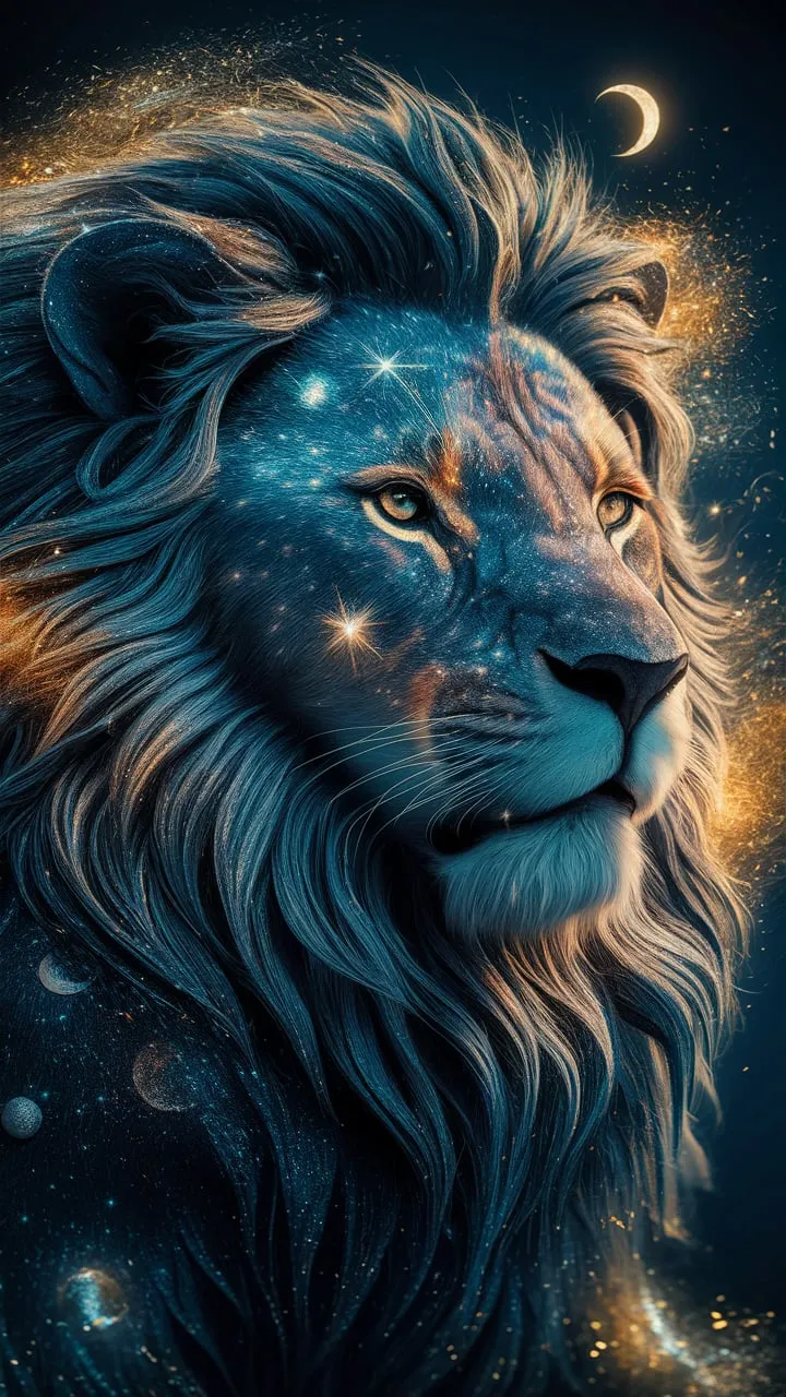 A captivating 3D render of a mystical cosmic Leo the lion, adorned with an intricate blend of stars, moons, and galaxies. The Leo the lion's fur shimmers with a mesmerizing color palette of deep blues, rich silvers, and warm golds, reflecting the cosmic beauty of the universe. A sprinkle of golden and silver powder and glitter adds to the enchanting atmosphere, creating a celestial wonderland. The background is a deep blue hue, highlighting the radiance of the rLeo the lion's details and immersing the viewer in the magical cosmic realm.