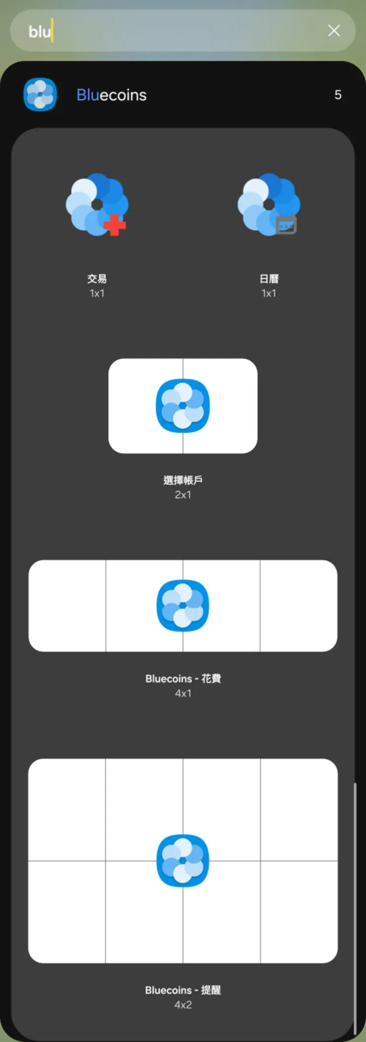 BlueCoins 目前Widgets 種類