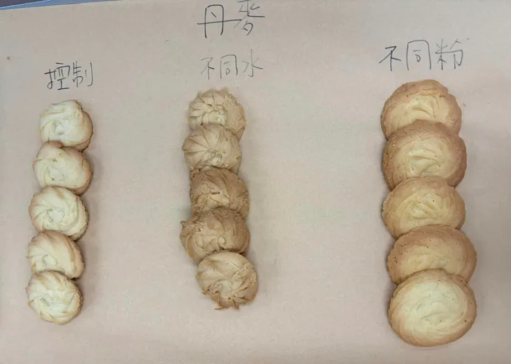 使用低筋麵粉的西餅，因為筋性較低，無法撐起西餅，因此會向外擴展，口感酥鬆，使用高筋麵粉的西餅則比較脆硬。