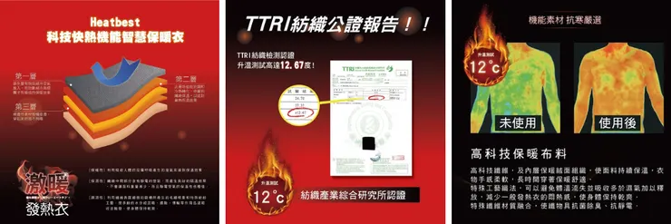 HEATBEST 抗寒兒童發熱衣的機能模擬圖，強調 TTRI 實測升溫 12 度。這是出國滑雪和極端寒流必備的戰鬥級機能發熱衣。