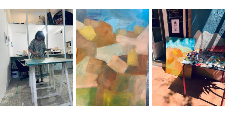 努力填滿巨大畫布的我、第二層顏色之後的色塊、在陽光下確認顏色的時候