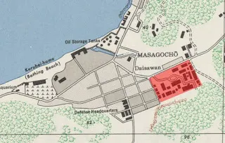 1945年美軍繪製的地圖,司令部位於紅色方框的位置,推測主要出入口位於西北側
