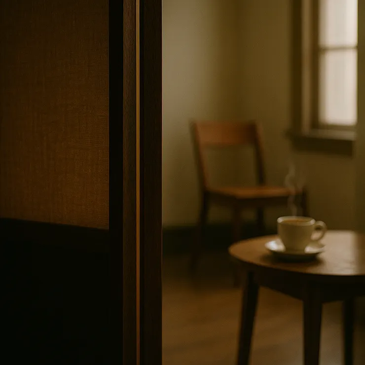 屏風半遮，兩張對角椅；桌心一杯茶霧，光鋪得很平。