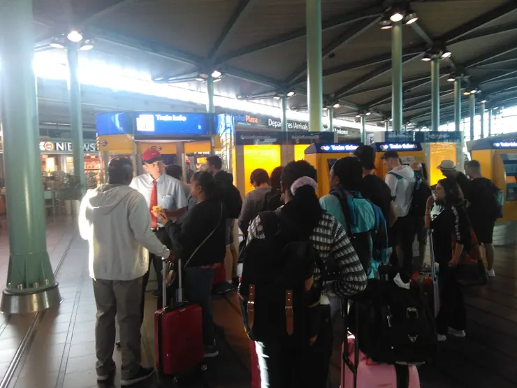 在機場可以直接走到車站大廳，在旅客聚集的地方找到售票口